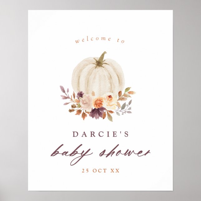 White Pumpkin & Purple Flowers Babydusche Willkomm Poster (Vorne)
