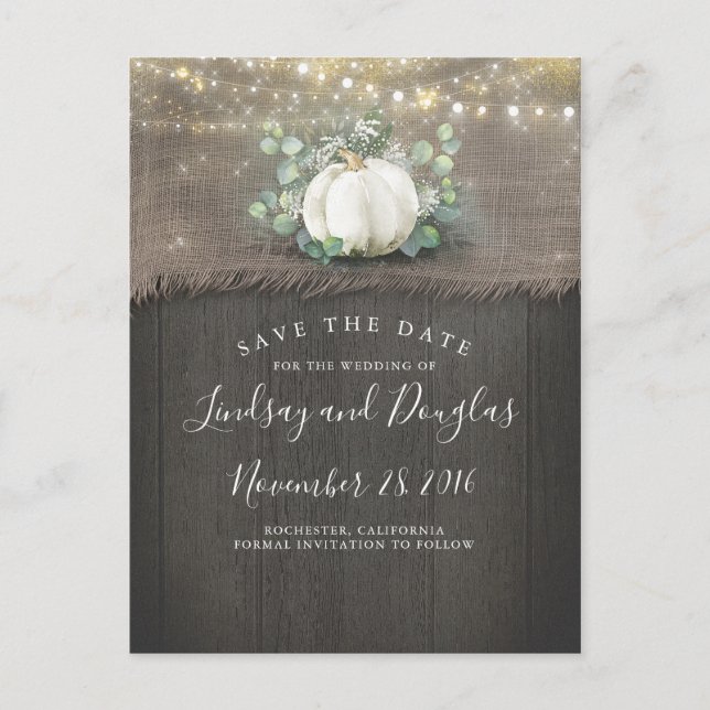White Pumpkin Rustic Save the Date Ankündigungspostkarte (Vorderseite)