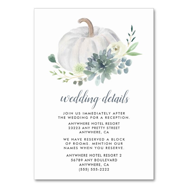 White Pumpkin Succulent Wedding Cards Tischnummer (Vorderseite)