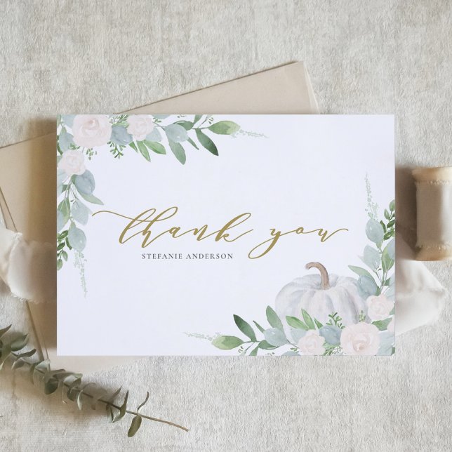 White Pumpkin und Greenery Autumn Baby Shower Dankeskarte (Von Creator hochgeladen)