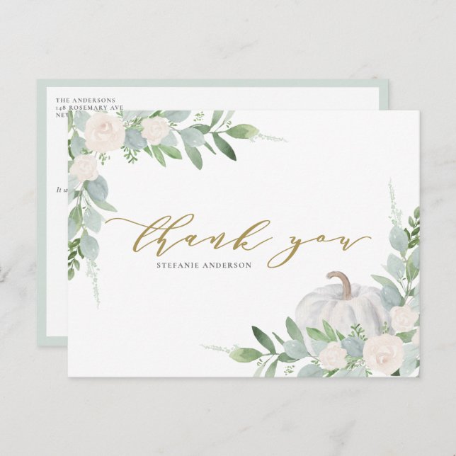 White Pumpkin und Greenery Herbst Vielen Dank Postkarte (Vorne/Hinten)