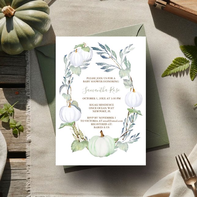 WHITE PUMPKIN und Grünpflanzen BABY Dusche Einladung (Gender neutral baby shower invitations fall white and green pumpkins watercolor)