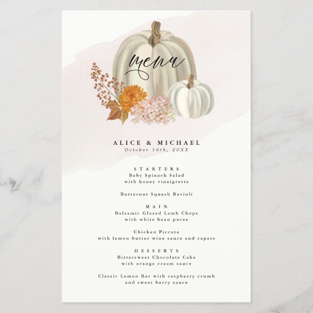 White Pumpkins and Fall Flowers Event Dinner Menu Flyer (Vorne)