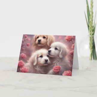 White Puppies Pink Roses Valentines Day Karte
