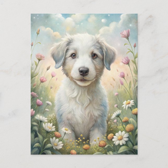 White Puppy Pastel Wildflowers Daisies Sunshine Postkarte (Vorderseite)