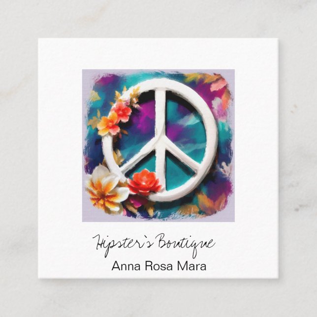 *~* White QR Peace Sign Blume Grunge Boho AP57 Quadratische Visitenkarte (Vorderseite)
