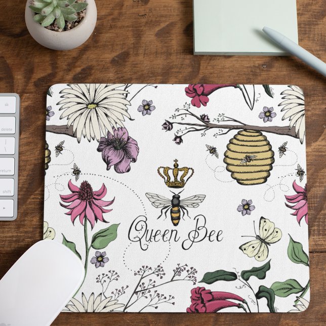 White Queen Bee Royal Crown Floral Pattern Mousepad (White Queen Bee Royal Crown Floral Pattern with Queen Bee, Crown, Exotic flowers, bees, beehive)