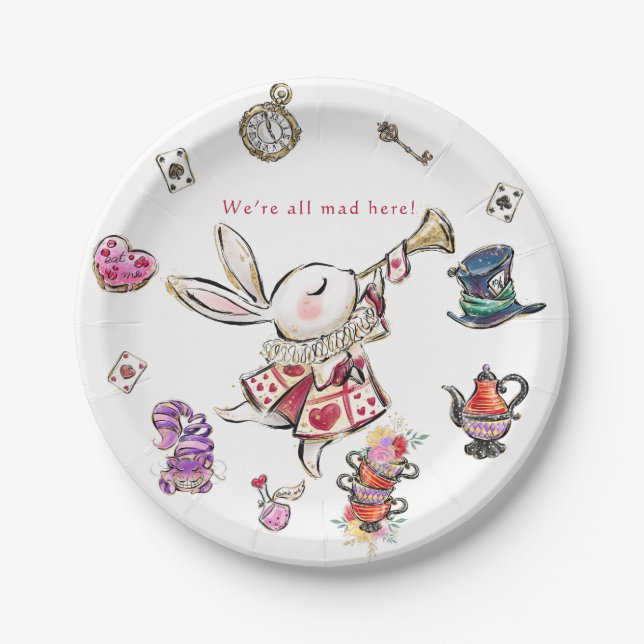 White Rabbit Mad Hatter Tea Party Birthday  Pappteller (Vorderseite)