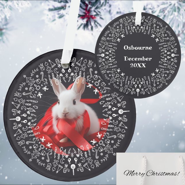White rabbit with red ribbon on Black Holiday Ornament (Von Creator hochgeladen)