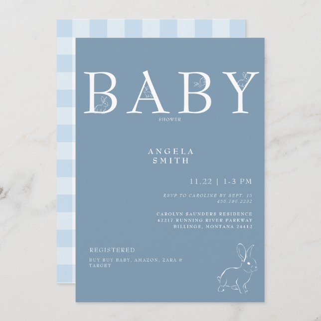 White Rabbits Light Blue Gingham Baby Dusche Einladung (Vorne/Hinten)