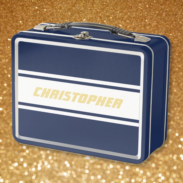 White Racing Stripes Gold Monogram Kids Boys Blau Metall Brotdose (White Racing Stripes Gold Monogram Kids Boys Blue Metal Lunch Box)