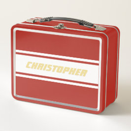 White Racing Stripes Gold Monogram Kids Boys Red Metall Brotdose