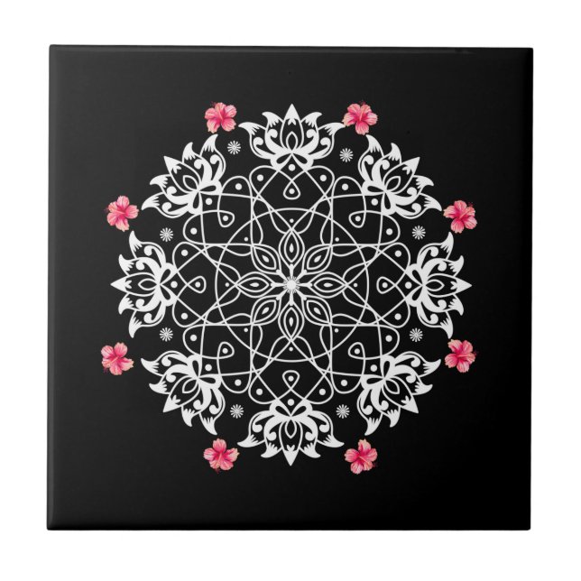 White Rangoli mit Hibiskus Fliese (Vorderseite)