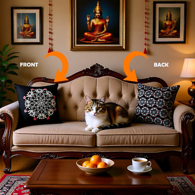 White Rangoli mit Hibiskus Kissen (White Rangoli with hibiscus Throw Pillow)