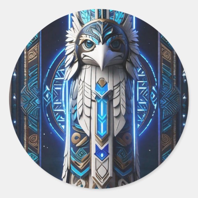 White Raven Blue Totem Runder Aufkleber (Vorderseite)