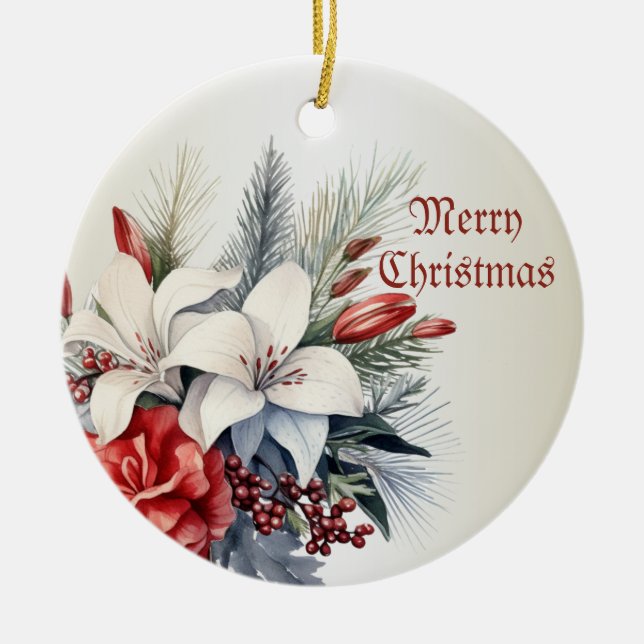 White Red Blume Weihnachten Urlaub Elegante Keramik Ornament (Vorne)