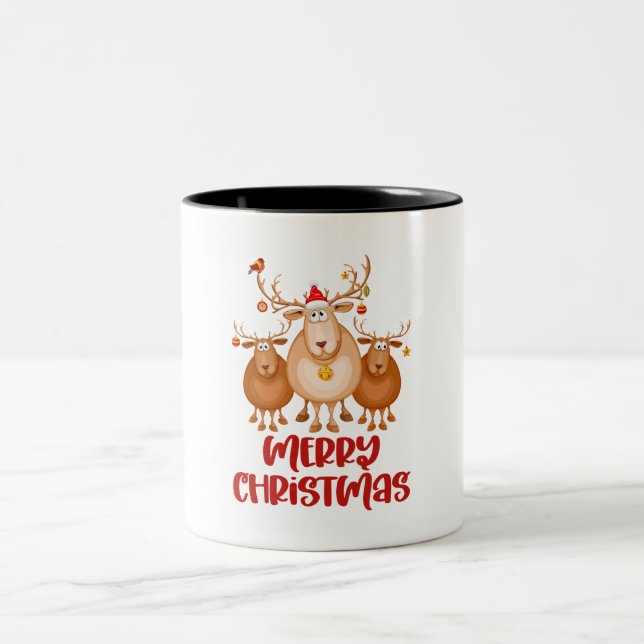 White Red Brown Niedlich Reindeer Frohe Weihnachte Zweifarbige Tasse (Mittel)