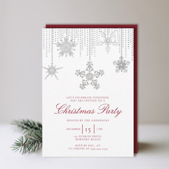 White Red Glitzer Tropfen Sparkle Snowflake Weihna Einladung (christmas party invitation elegant snowflakes sparkles minimalist modern red white black glitter)