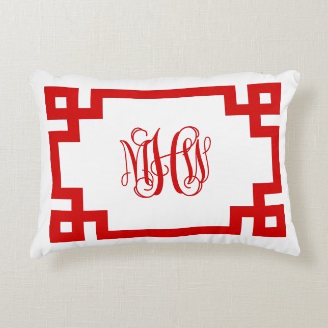 White Red Greek Key Vine Monogram DIY BG Dekokissen (Vorderseite)