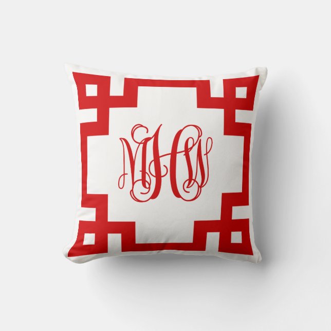 White Red Greek Key Vine Monogram DIY BG Kissen (Vorderseite)