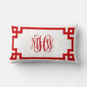 White Red Greek Key Vine Monogram DIY BG Lendenkissen