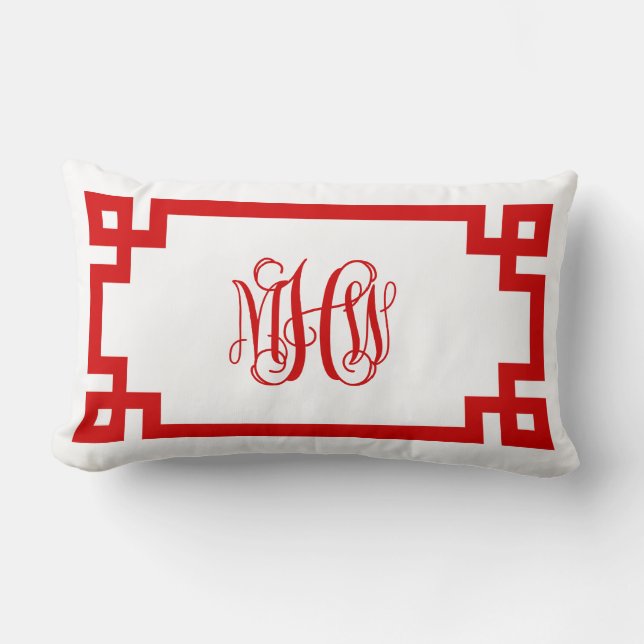 White Red Greek Key Vine Monogram DIY BG Lendenkissen (Vorderseite)