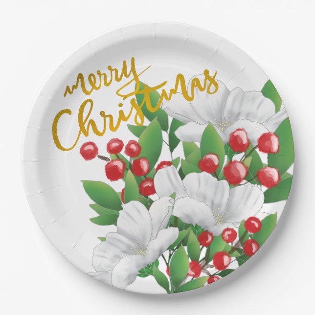 White Red Green Floral Gold Frohe Weihnachten Pappteller (Vorderseite)
