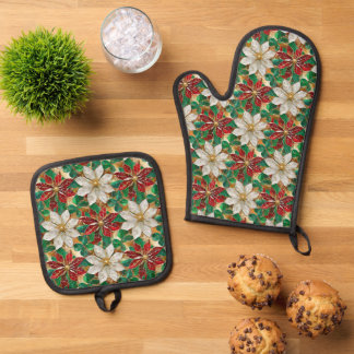 White Red Green Gold Poinsettia Ofenhandschuh & Topflappen-Set