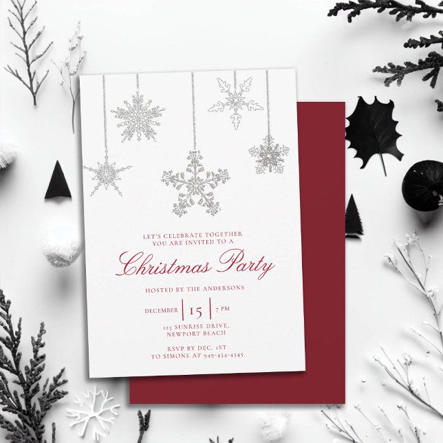 White Red Kristall Snowflake Glitzern Weihnachten Einladung (rhinestones glitter christmas party invitation elegant black white red modern minimalist classy chic)