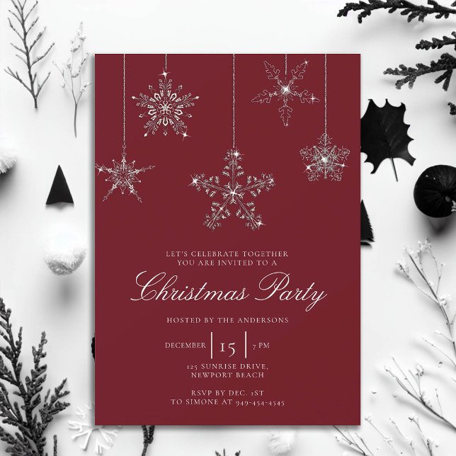 White Red Kristall Snowflakes Glitzer Weihnachten Einladung (rhinestones glitter christmas party invitation elegant white red modern minimalist classy stylish)