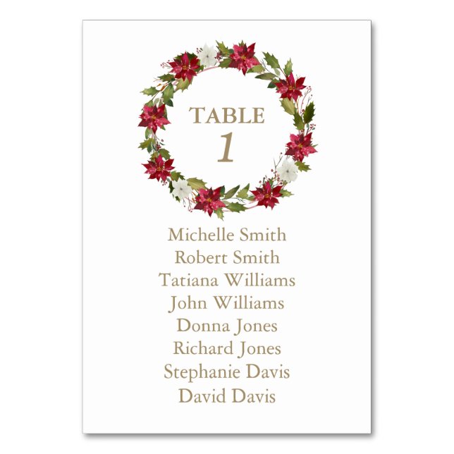 White Red Poinsettia Taufen Seating Chart Tischnummer (Vorderseite)