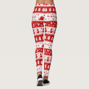 White & Red Santa Face and Snowman Pattern Full Leggings