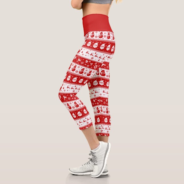 White & Red Santa Face und Snowman Pattern Capri Leggings (Links)