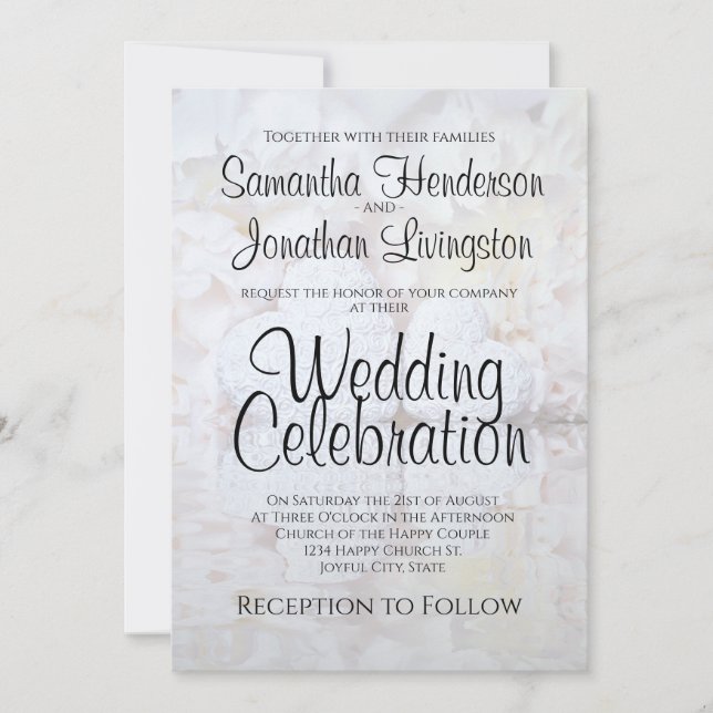 White Reflection Peony Blume & Hearts Wedding Einladung (Vorderseite)