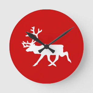 White Reindeer / Caribou Silhouette Runde Wanduhr