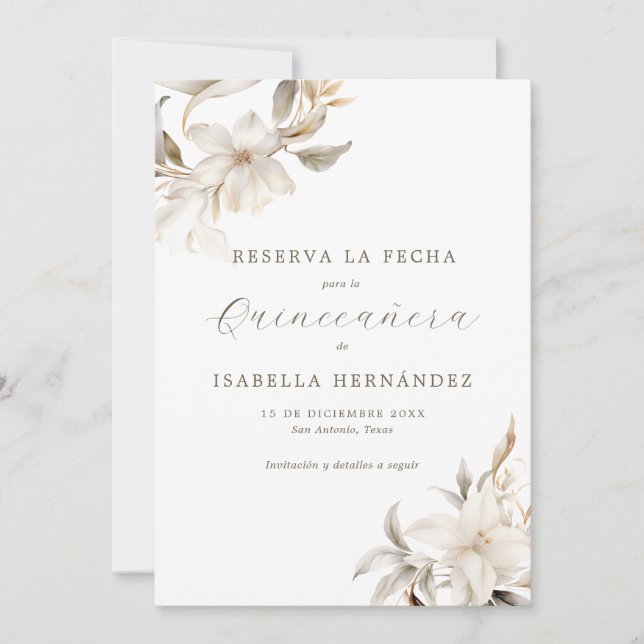 White Reserva la Fecha Spanish Quinceañera Save The Date (Vorderseite)
