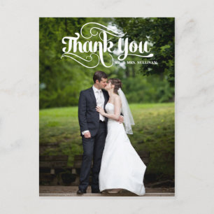 White Retro Script Wedding Danke Postcard Postkarte