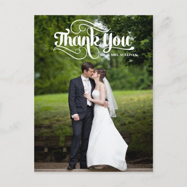 White Retro Script Wedding Danke Postcard Postkarte (Vorderseite)