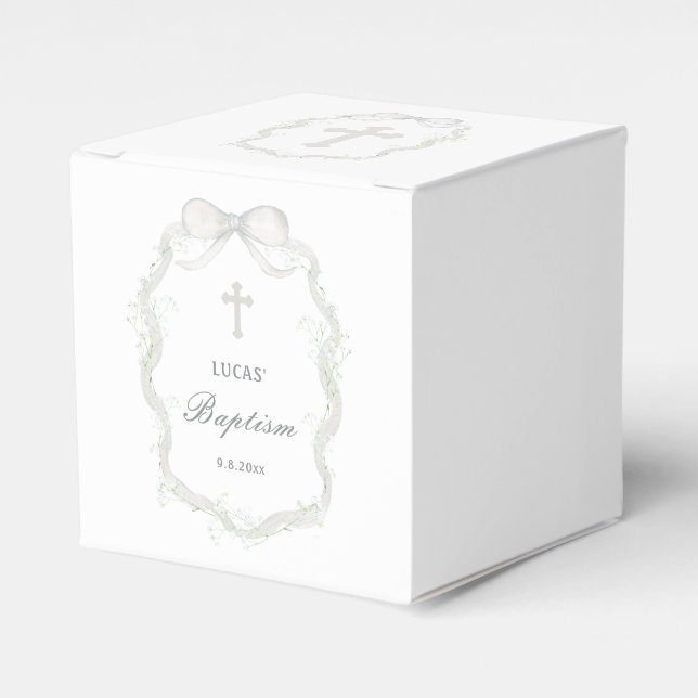 White Ribbon Baby's Breath Baptism Cube Geschenkschachtel (Vorderseite)
