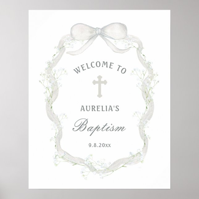 White Ribbon Baby's Breath Baptism Welcome Poster (Vorne)
