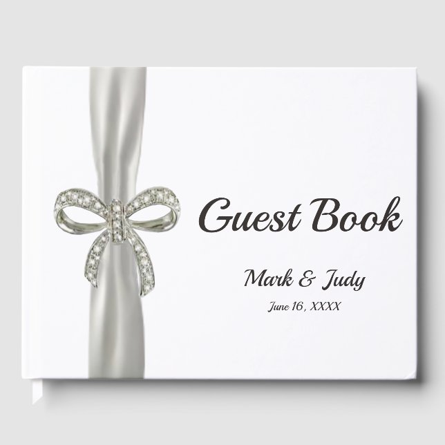 White Ribbon Diamond Bow Wedding Guestbook Gästebuch (Vorderseite)