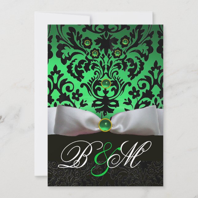 WHITE RIBBON EMERALD GREEN BLACK DAMASK MONOGRAMM EINLADUNG (Vorderseite)