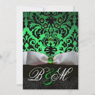 WHITE RIBBON EMERALD GREEN BLACK DAMASK MONOGRAMM EINLADUNG