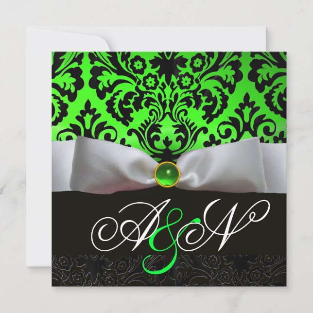 WHITE RIBBON EMERALD GREEN BLACK DAMASK MONOGRAMM EINLADUNG (Vorderseite)