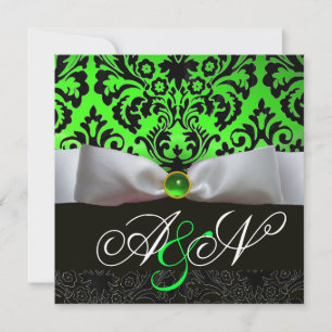 WHITE RIBBON EMERALD GREEN BLACK DAMASK MONOGRAMM EINLADUNG