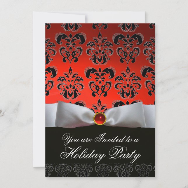 WHITE RIBBON RED BLACK DAMASK HOLIDAY PARTEI Ruby Einladung (Vorderseite)