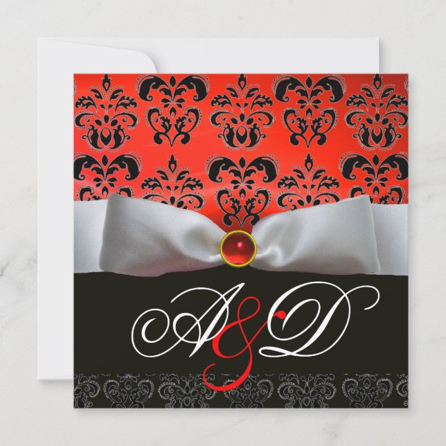 WHITE RIBBON RED BLACK DAMASK MONOGRAM Ruby Einladung (Vorderseite)