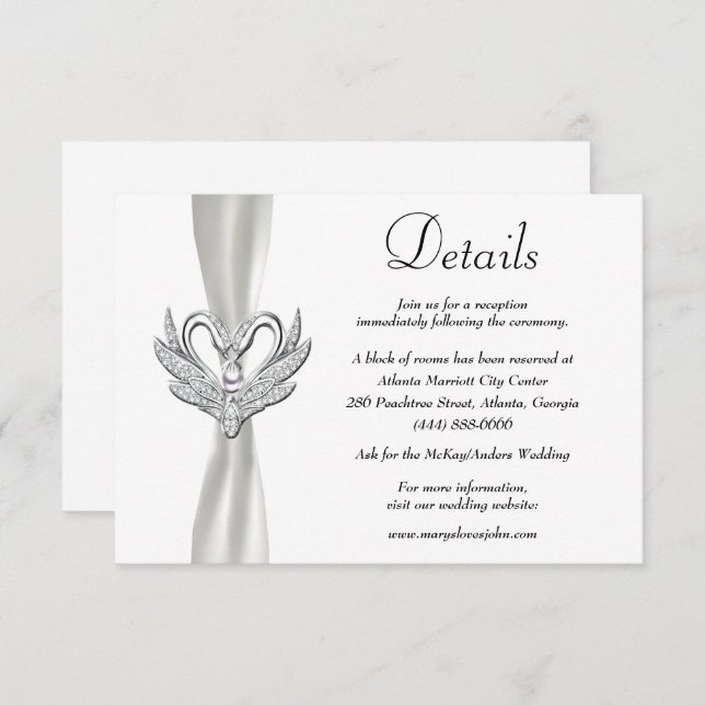 White Ribbon Silver Swans Hochzeitsdetails Begleitkarte (Vorne/Hinten)