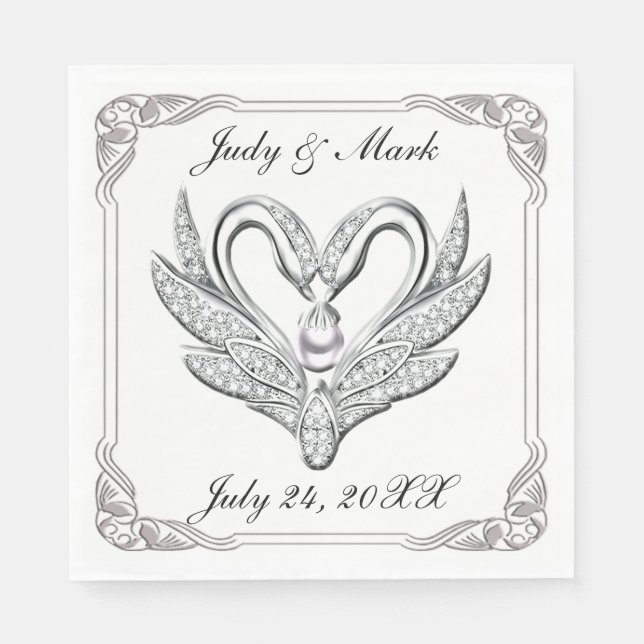 White Ribbon Silver Swans Paper Napkins Serviette (Vorderseite)