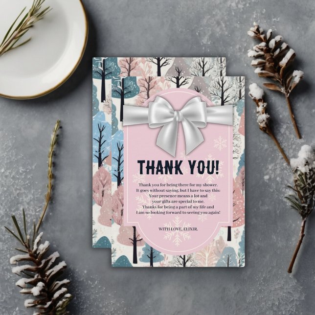 White Ribbon Winter Forest Snowflakes Babydusche Dankeskarte (Von Creator hochgeladen)